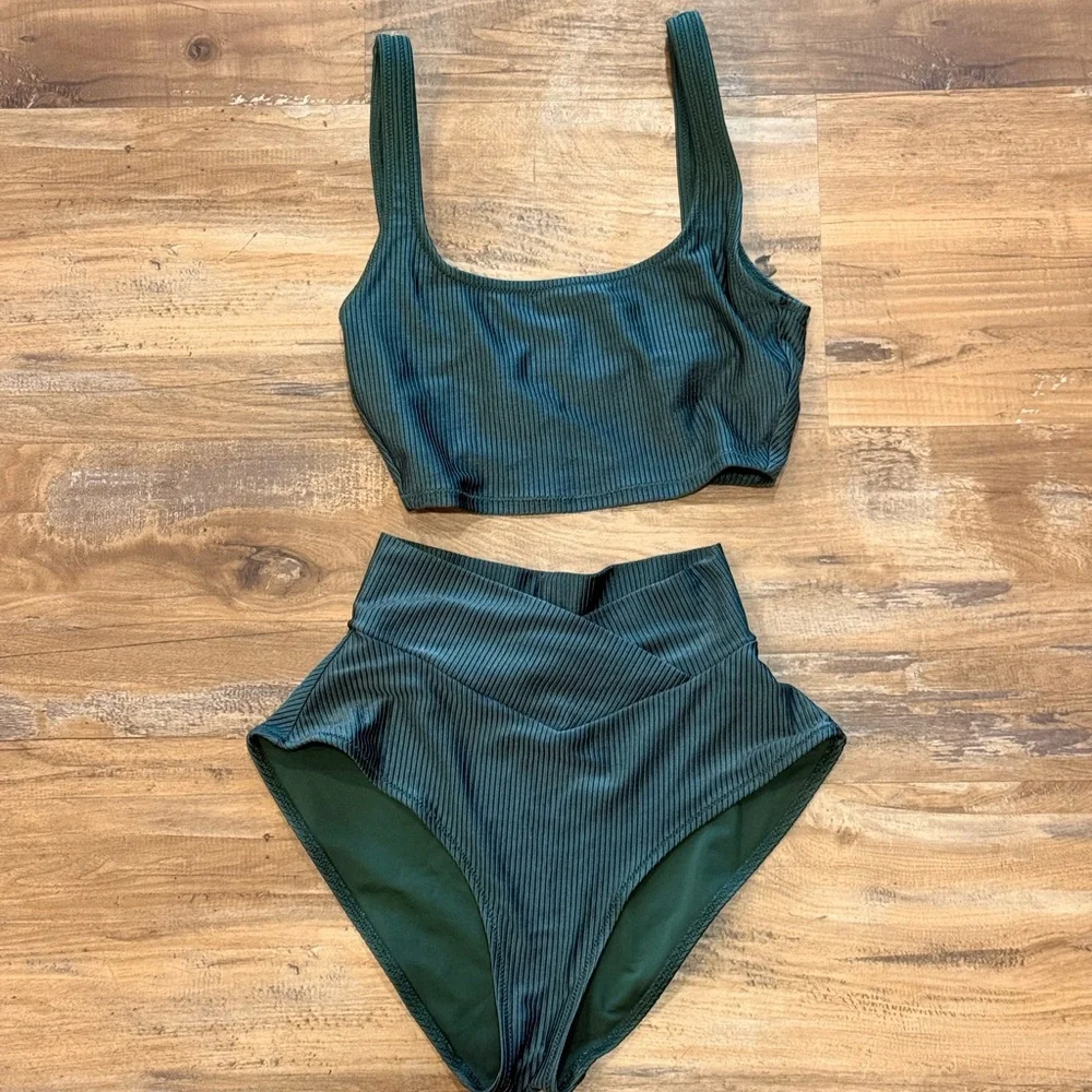 Aerie Dark Green Ribbed Bikini Set - Picture 1 of 3